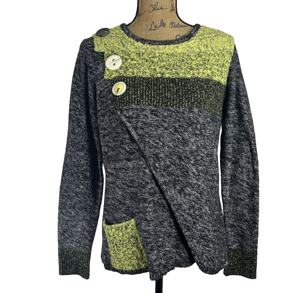 SPANNER SPORT Sweater L‎ Black White Green Merle Chunky Button Crossover Pocket